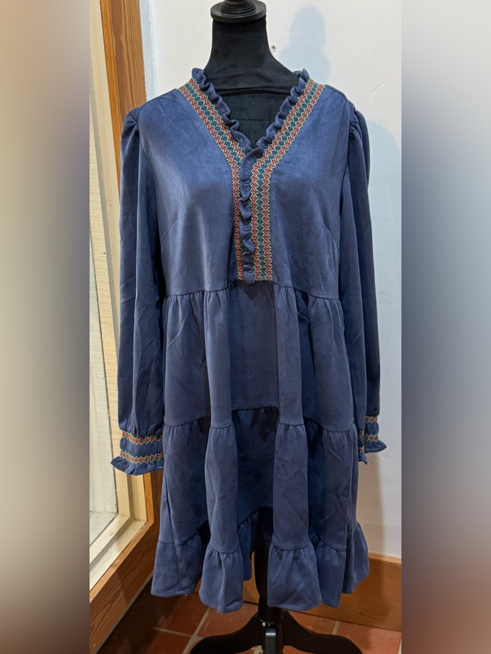 Women's Navy Tiered V-Neck Embroidered Dress - Easel